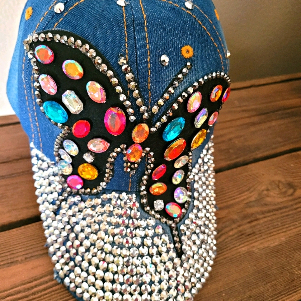 Blue Jean Jeweled Rhinestone Distressed Hat/Cap